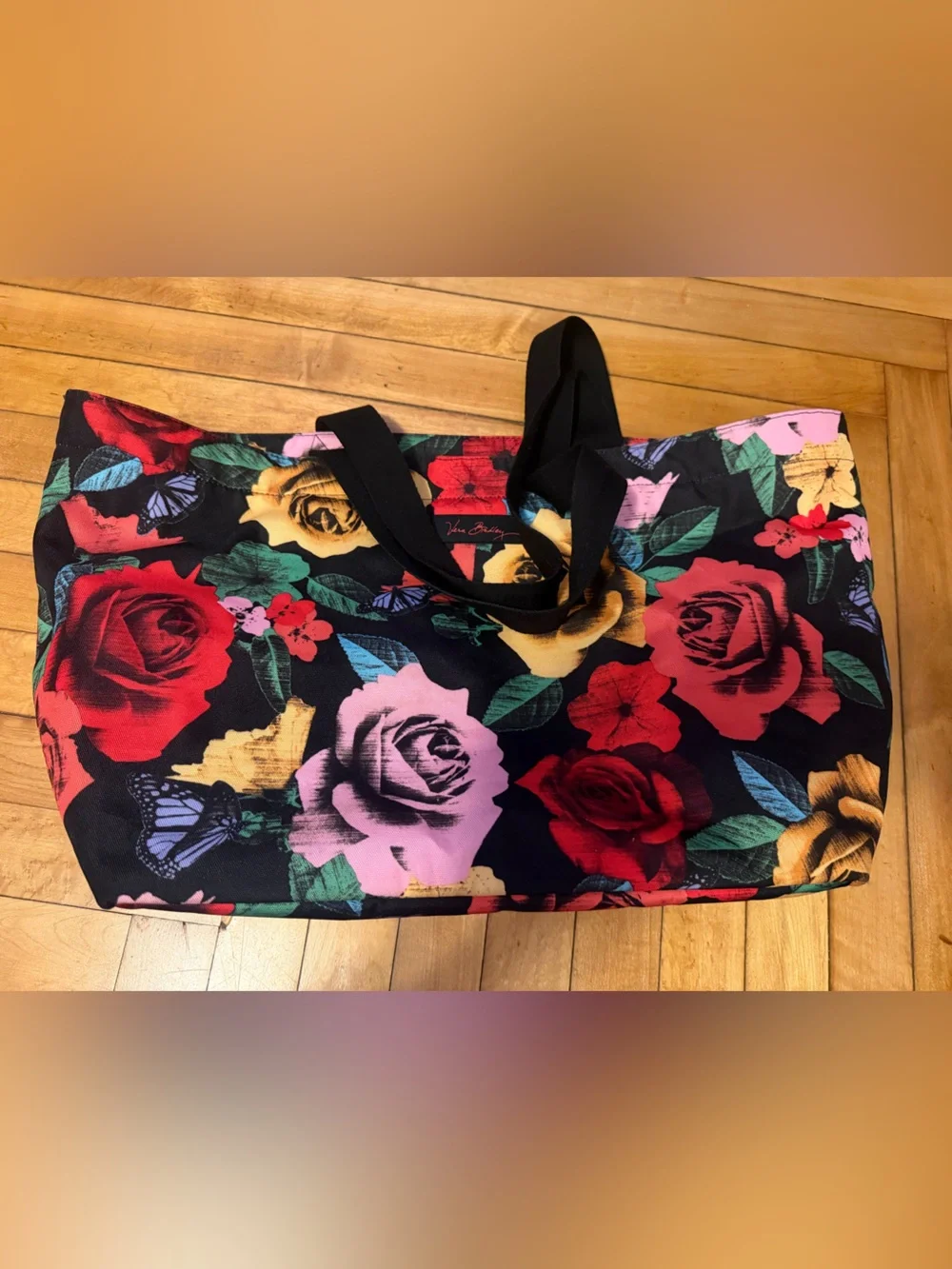Vera Bradley Floral Tote Bag - Black with Red, Pink, Yellow & Green Accents